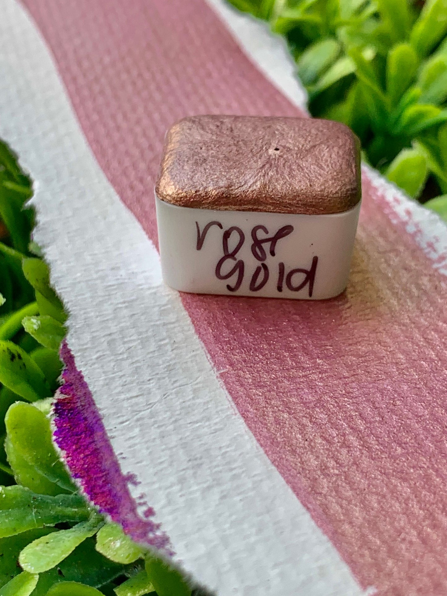 Rose Gold Mica | Watercolor | handmade paint, handmade watercolors, half pan, full pan, card making, calligraphy, rose gold, colorshift