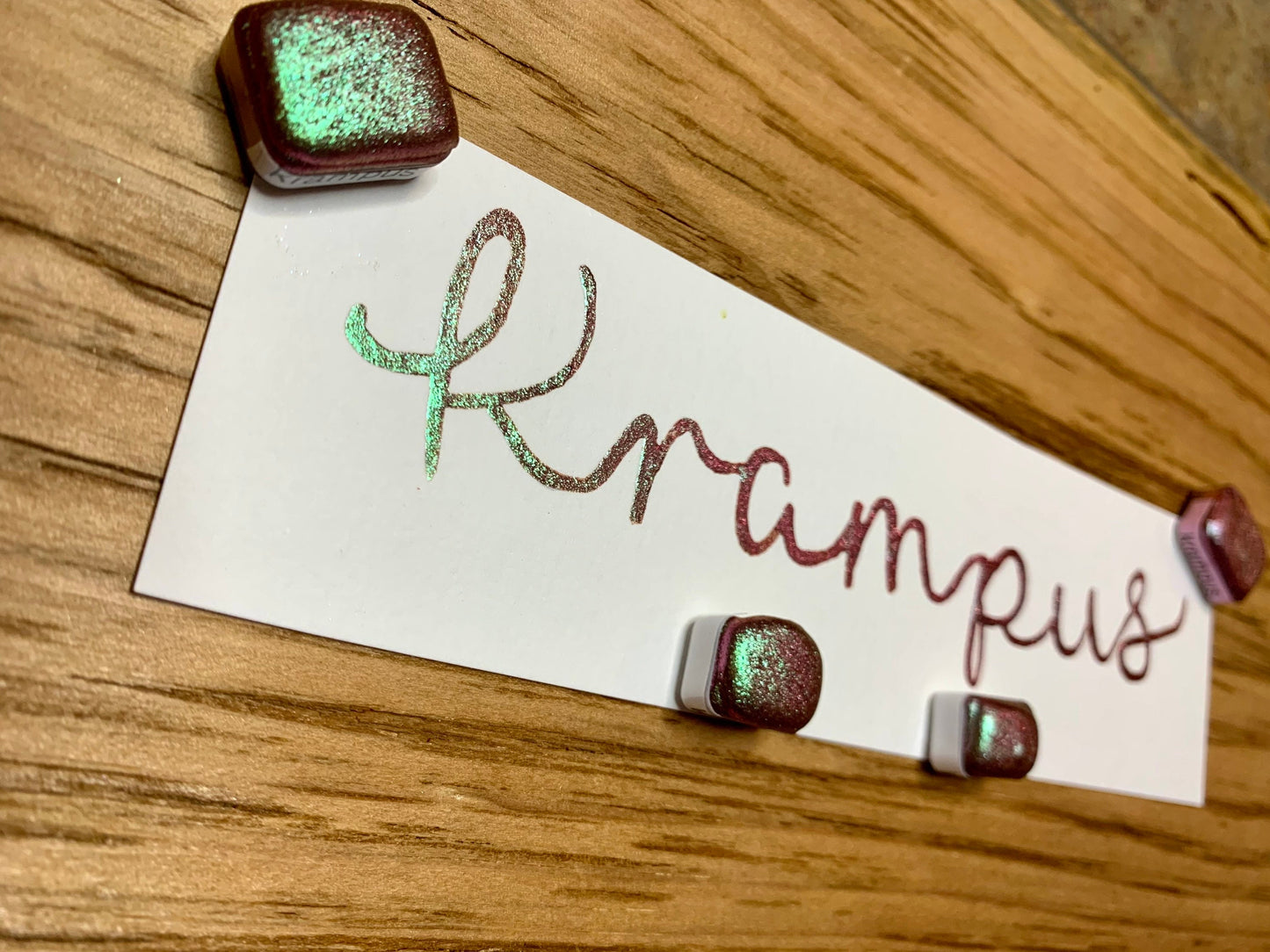 Krampus, watercolor, colorshift, chameleon, handmade watercolors, micas, gift ideas, green and red, holiday spirit