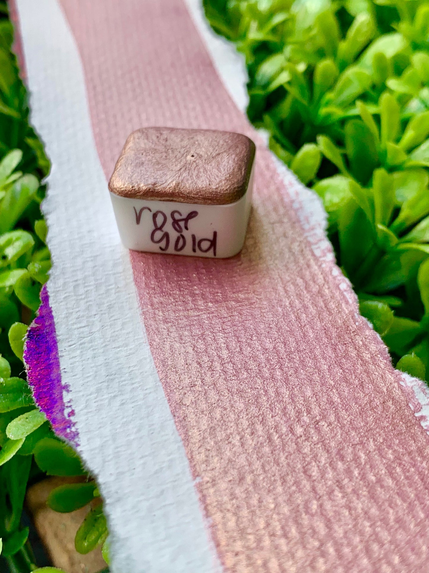 Rose Gold Mica | Watercolor | handmade paint, handmade watercolors, half pan, full pan, card making, calligraphy, rose gold, colorshift