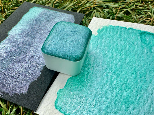 Mermaid Handmade Watercolor in 2 ML half pan, handmade watercolors, colorshift, teal, purple, stocking stuffers, gift ideas, double the size