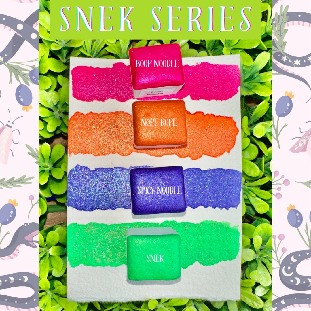 Snek” Mica, Glitter, Neon Set | Handmade Watercolors | Neon Colors | Handmade Cards | Watercolor Florals | Matte Pigment | Half Pans