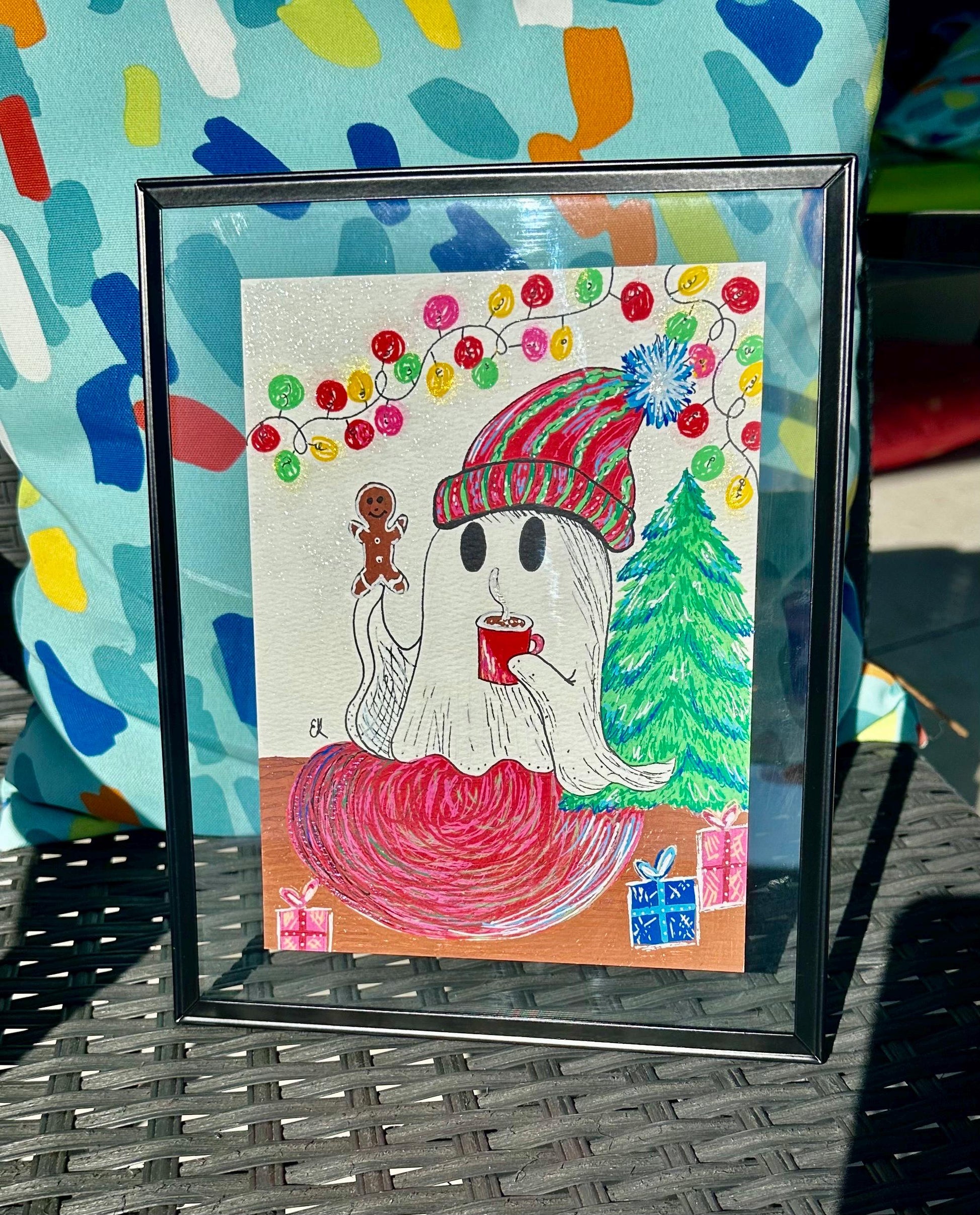 Festive Ghost Painting 8 x 6 | Framed ooak Art | Emily Grace Palettes | Happy Ghost | Ghost Art | Christmas Art | Hand Painted | Sparkly