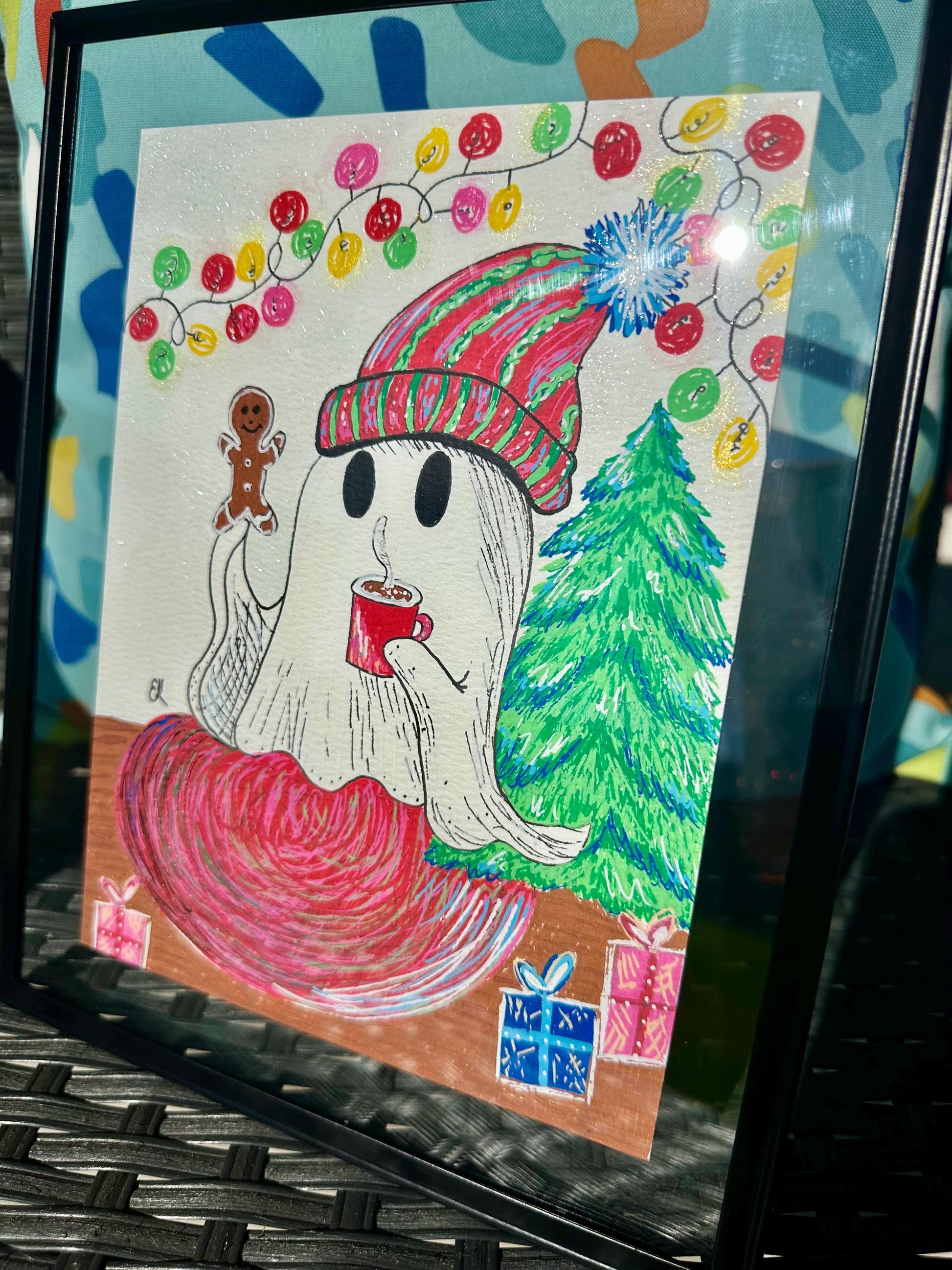 Festive Ghost Painting 8 x 6 | Framed ooak Art | Emily Grace Palettes | Happy Ghost | Ghost Art | Christmas Art | Hand Painted | Sparkly