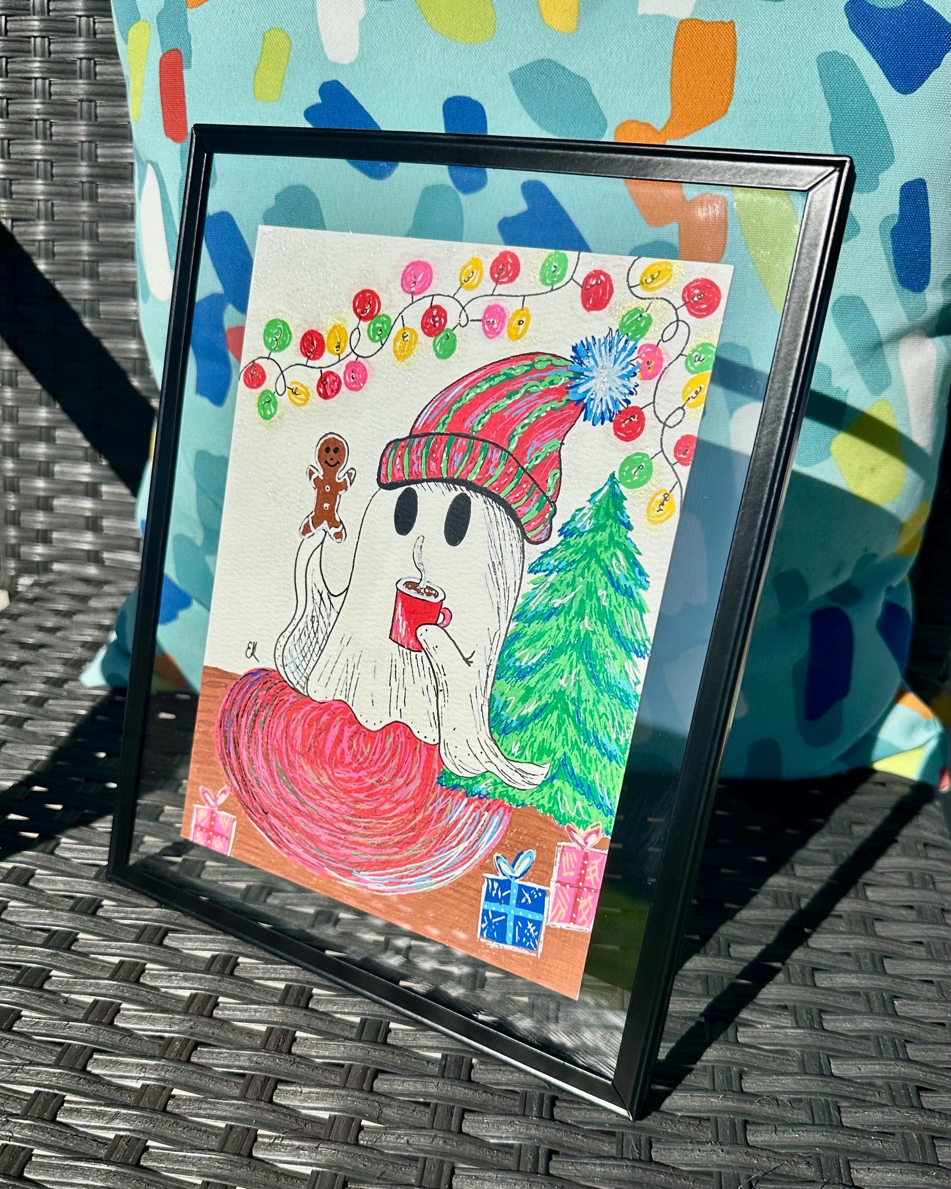 Festive Ghost Painting 8 x 6 | Framed ooak Art | Emily Grace Palettes | Happy Ghost | Ghost Art | Christmas Art | Hand Painted | Sparkly
