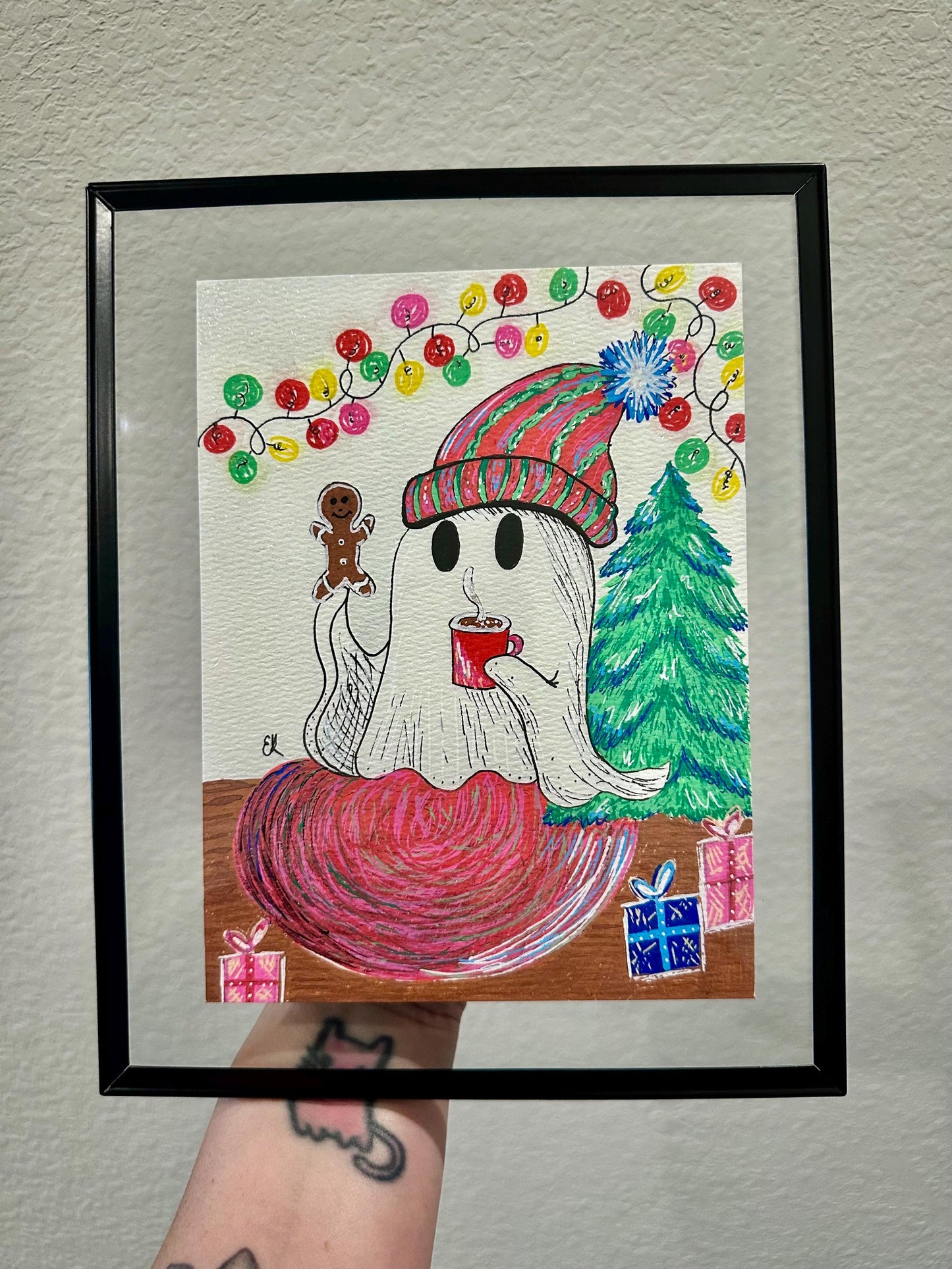 Festive Ghost Painting 8 x 6 | Framed ooak Art | Emily Grace Palettes | Happy Ghost | Ghost Art | Christmas Art | Hand Painted | Sparkly