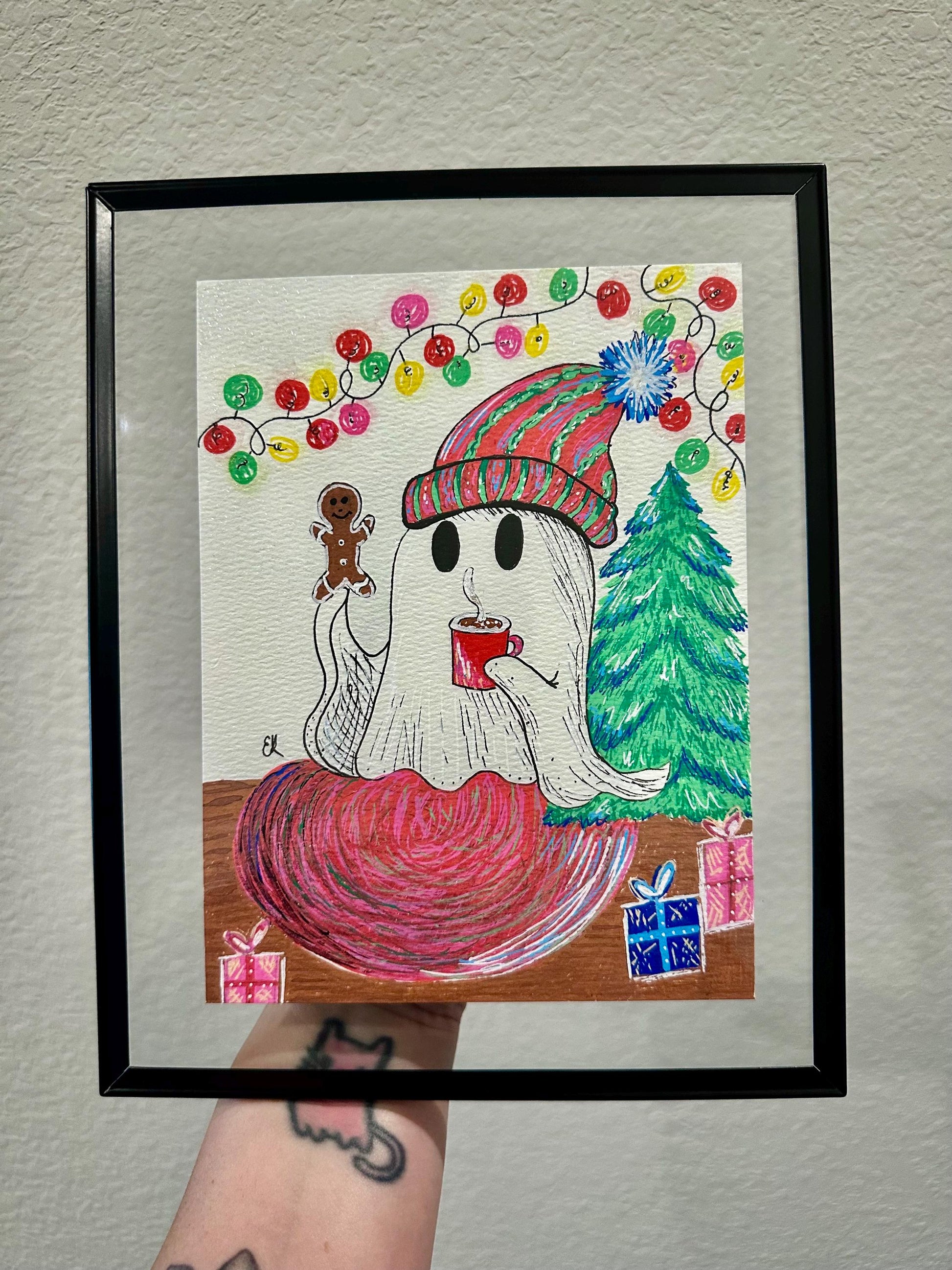 Festive Ghost Painting 8 x 6 | Framed ooak Art | Emily Grace Palettes | Happy Ghost | Ghost Art | Christmas Art | Hand Painted | Sparkly