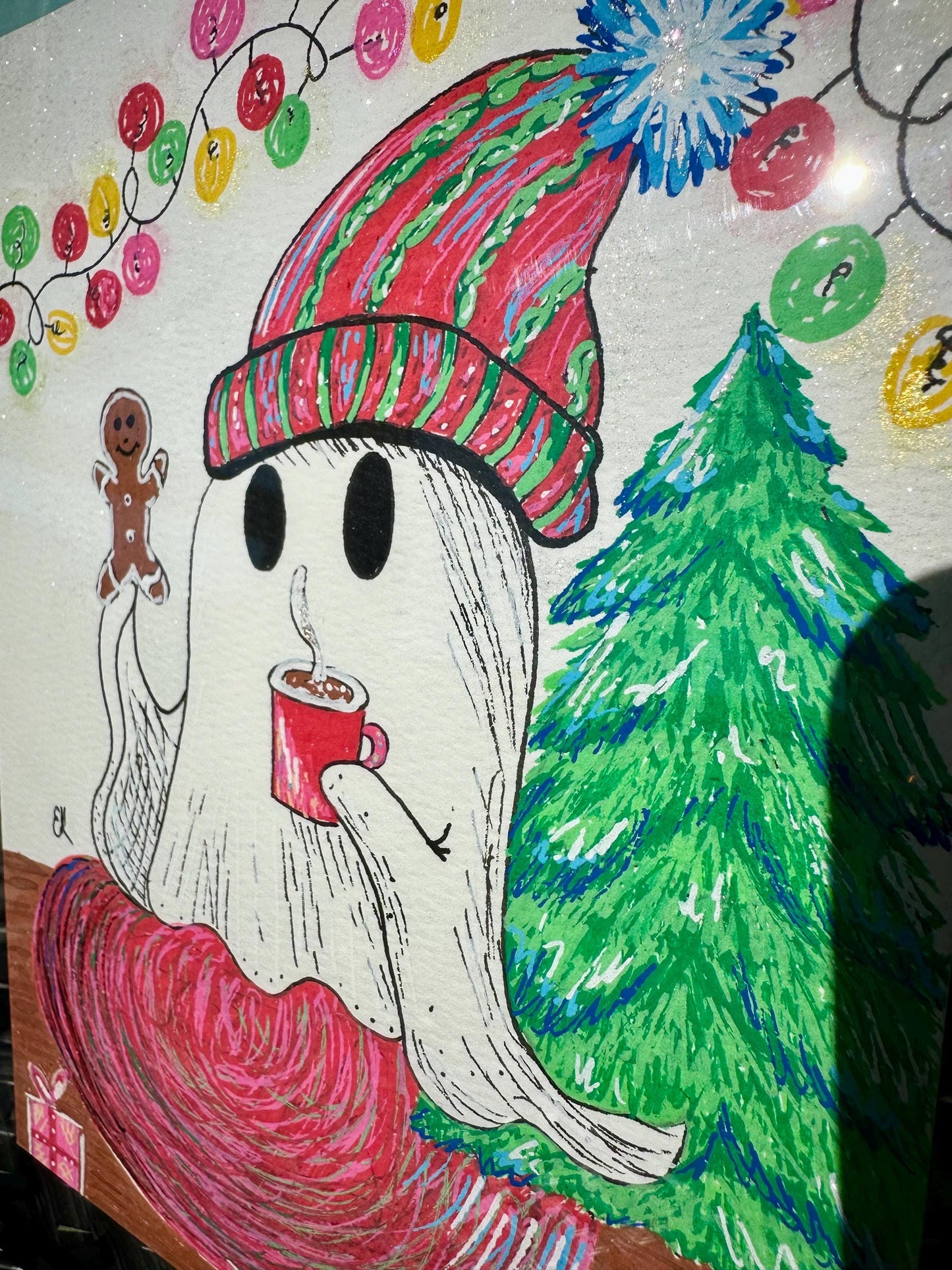Festive Ghost Painting 8 x 6 | Framed ooak Art | Emily Grace Palettes | Happy Ghost | Ghost Art | Christmas Art | Hand Painted | Sparkly