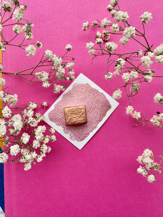 Peach Gold Mica | Watercolor | handmade paint, handmade watercolors, half pan, full pan, card making, calligraphy, rose gold, colorshift