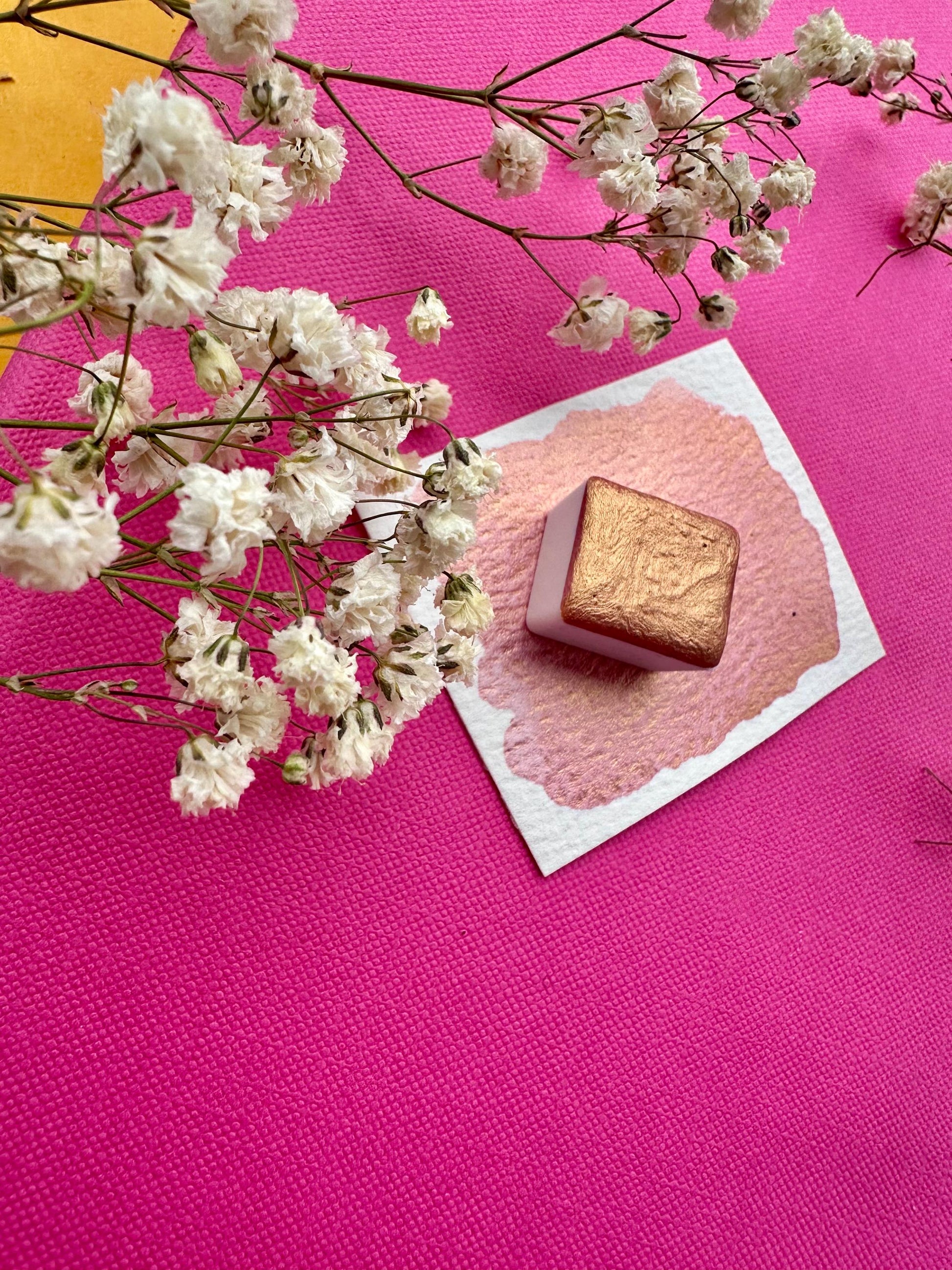 Peach Gold Mica | Watercolor | handmade paint, handmade watercolors, half pan, full pan, card making, calligraphy, rose gold, colorshift