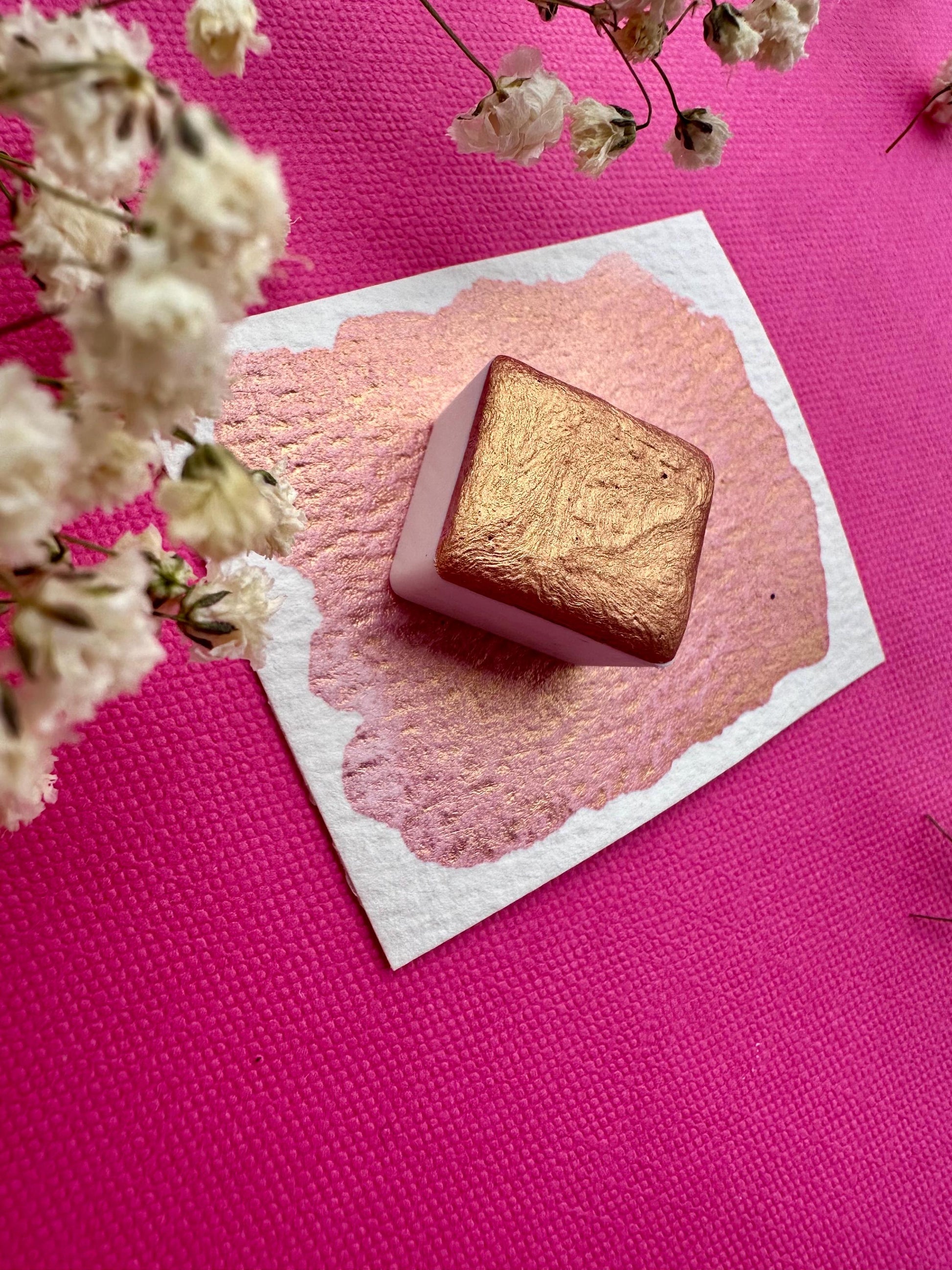 Peach Gold Mica | Watercolor | handmade paint, handmade watercolors, half pan, full pan, card making, calligraphy, rose gold, colorshift