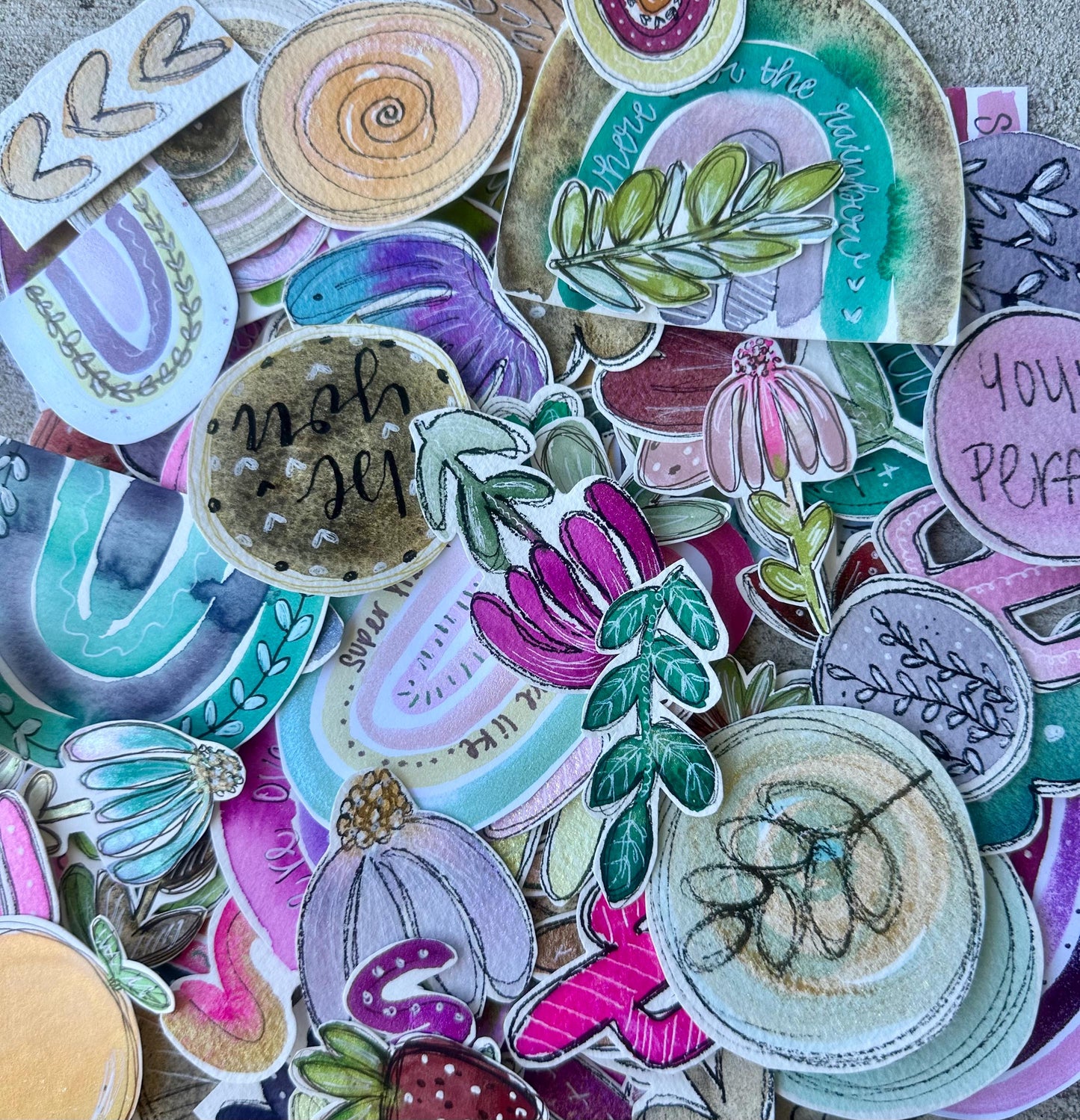 Hand Painted & Cut Ephemera GRAB BAG , Collage, Grab Bag, Beautiful unique pieces w/Floral + more. Junk Journal, Card Making, Mixed Media