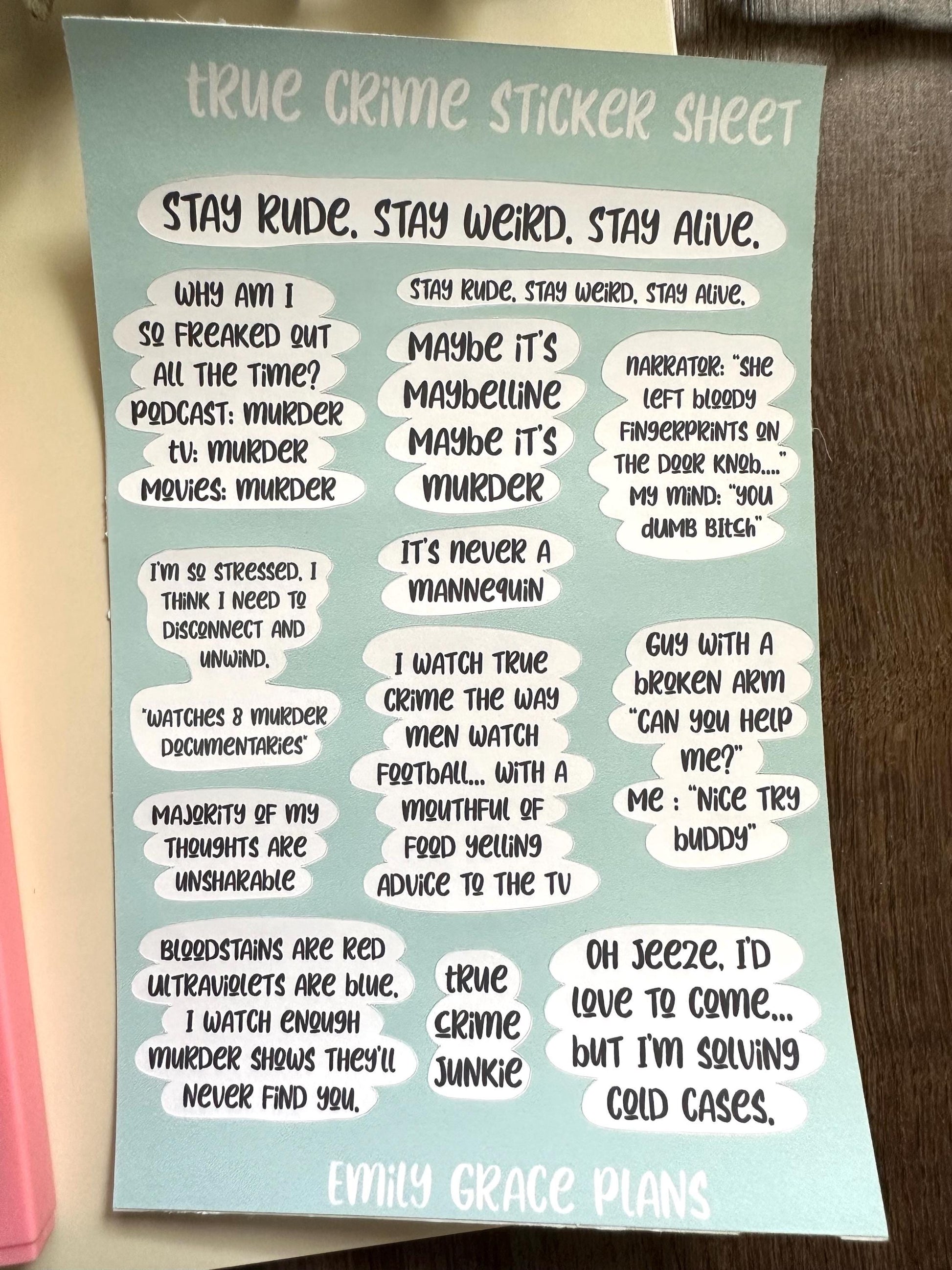 True Crime - **B GRADE Sheet** - Embrace Your Inner Sass! Planner stickers, planner embellishments, curse words, dark humor, crime Junkie
