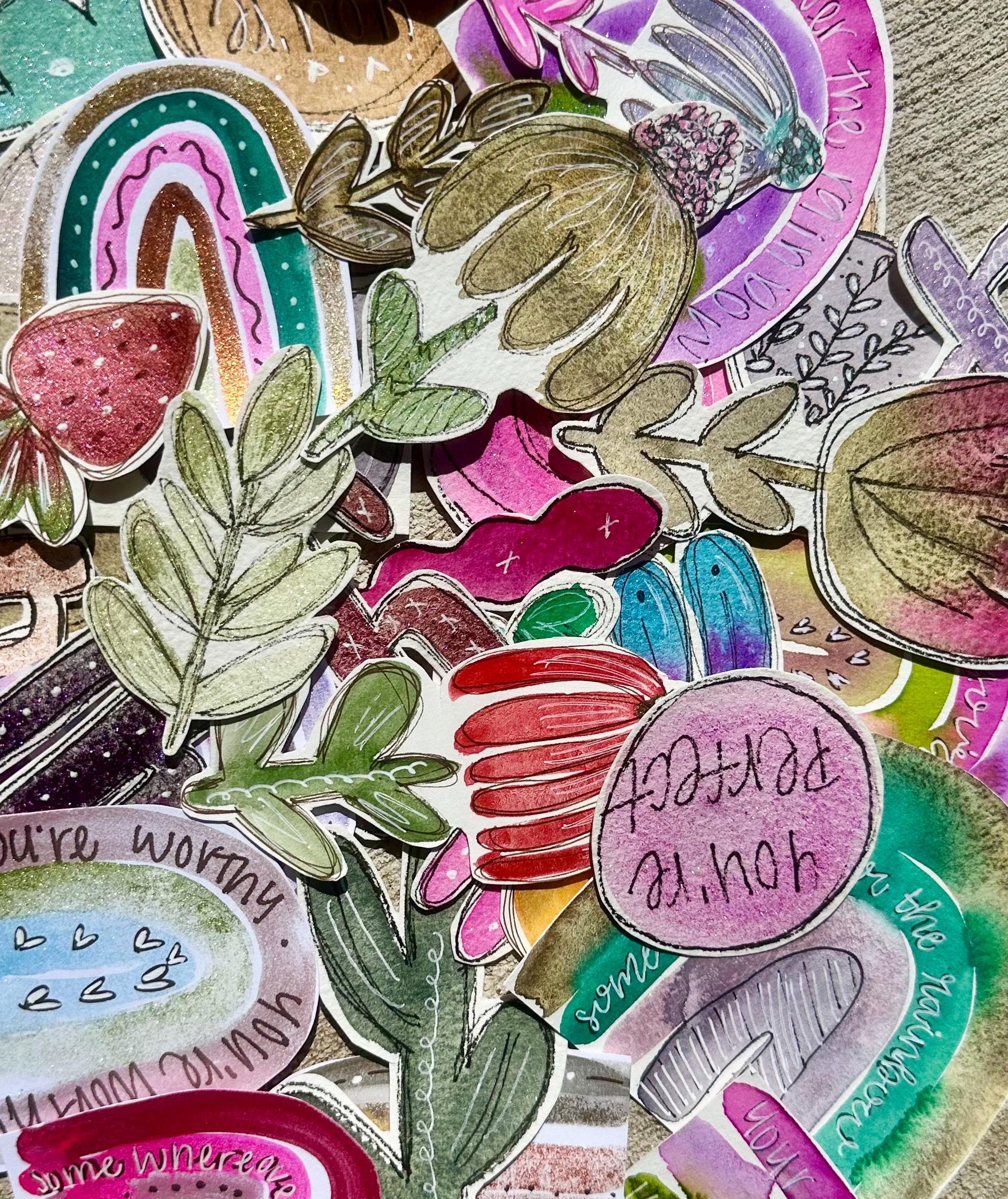 Hand Painted & Cut Ephemera GRAB BAG , Collage, Grab Bag, Beautiful unique pieces w/Floral + more. Junk Journal, Card Making, Mixed Media