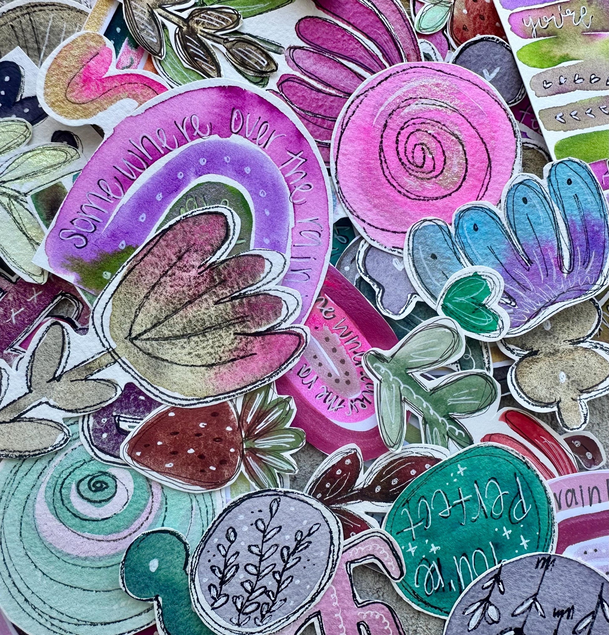 Hand Painted & Cut Ephemera GRAB BAG , Collage, Grab Bag, Beautiful unique pieces w/Floral + more. Junk Journal, Card Making, Mixed Media