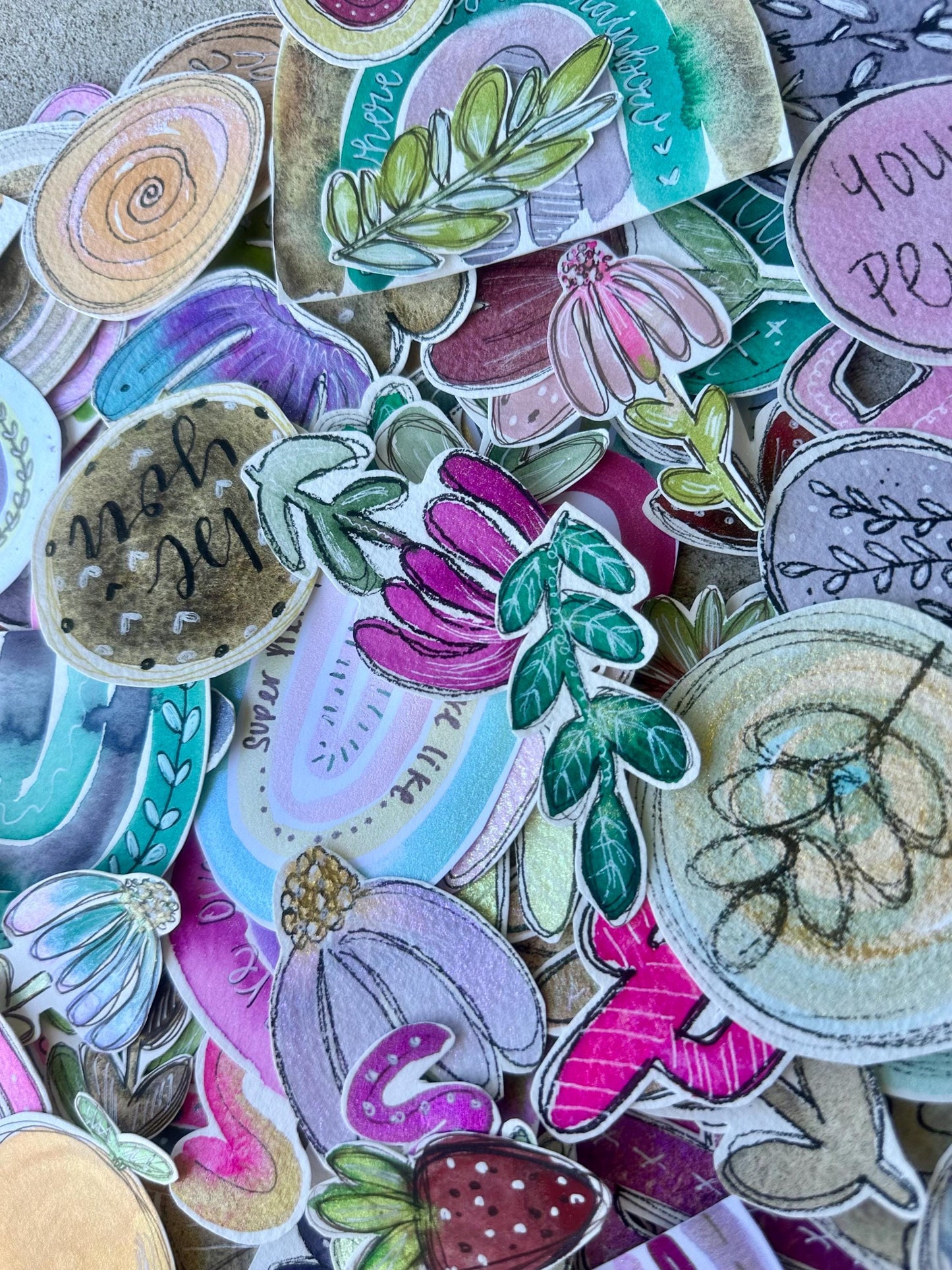 Hand Painted & Cut Ephemera GRAB BAG , Collage, Grab Bag, Beautiful unique pieces w/Floral + more. Junk Journal, Card Making, Mixed Media