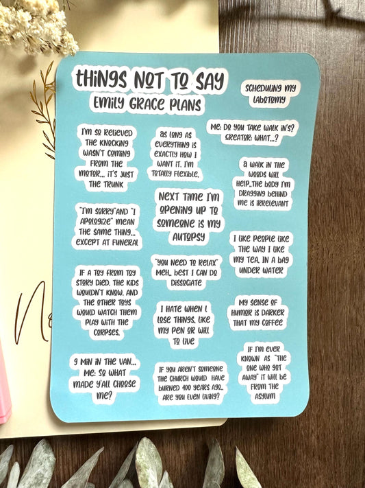 Things not to say - Snarky Sticker Sheet - Embrace Your Inner Sass! Planner stickers, planner embellishments, curse words, dark humor