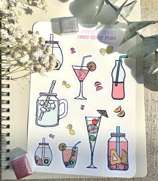 Summer Drinks - Summer Sticker Sheet - Embrace Your Inner Summer Lover! Planner stickers, planner embellishments, florals, bright sticker
