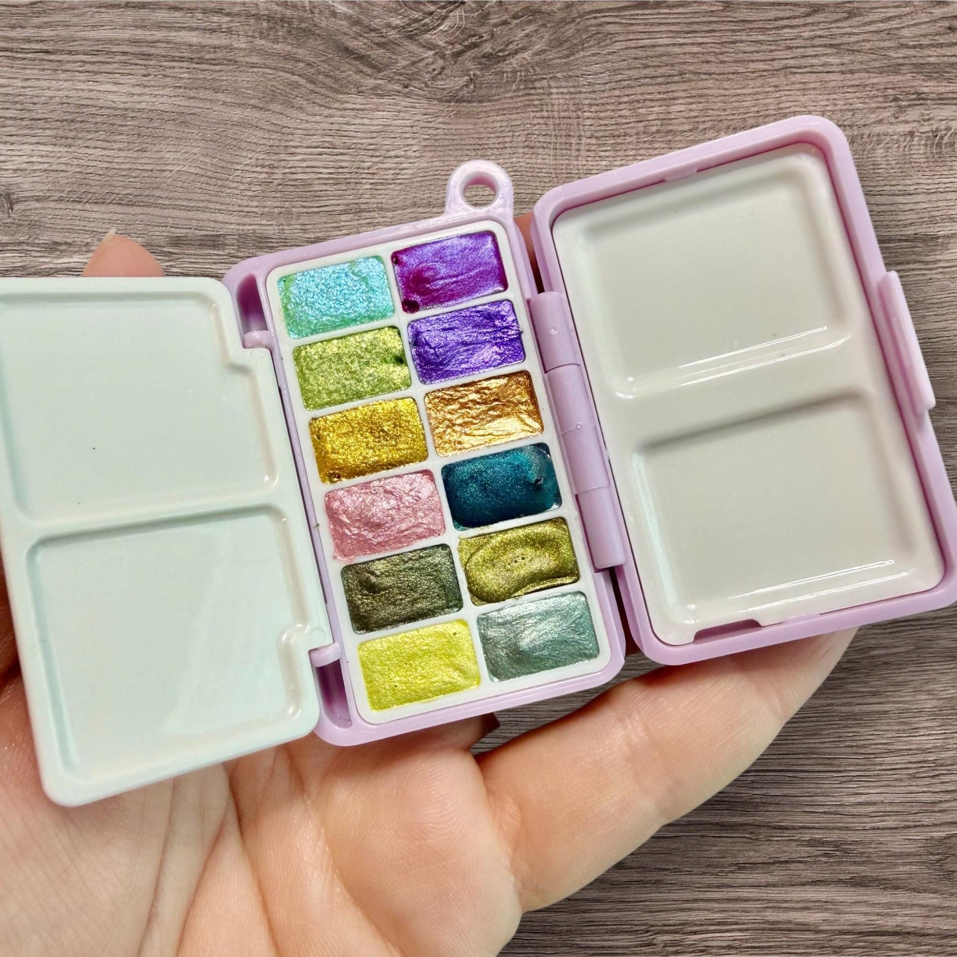 Mini Pocket Watercolor Palette – Handmade Shimmer Paint Set – 12 Mini-Pans – Travel Watercolors – Artist Gift – Metallic Glitter Colors