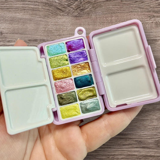 Mini Pocket Watercolor Palette – Handmade Shimmer Paint Set – 12 Mini-Pans – Travel Watercolors – Artist Gift – Metallic Glitter Colors