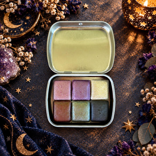 6 Color Sparkling & Shifting Watercolor Palette | Handmade Metallic Watercolor Paint Set | Half Pans with Tin | Stardust Society
