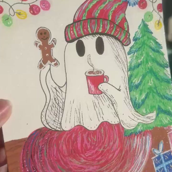 Festive Ghost Painting 8 x 6 | Framed ooak Art | Emily Grace Palettes | Happy Ghost | Ghost Art | Christmas Art | Hand Painted | Sparkly