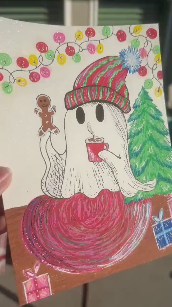 Festive Ghost Painting 8 x 6 | Framed ooak Art | Emily Grace Palettes | Happy Ghost | Ghost Art | Christmas Art | Hand Painted | Sparkly
